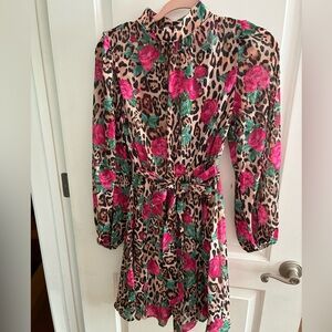 SHEIN Pink Rose & Leopard Print Button-Up Dress
